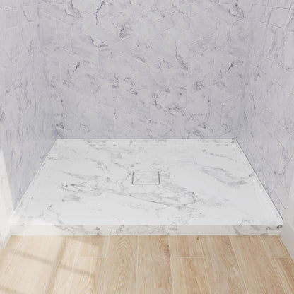 48 x 36 inch Marble Look Acrylic Shower Base, Square Outlet Center Drain