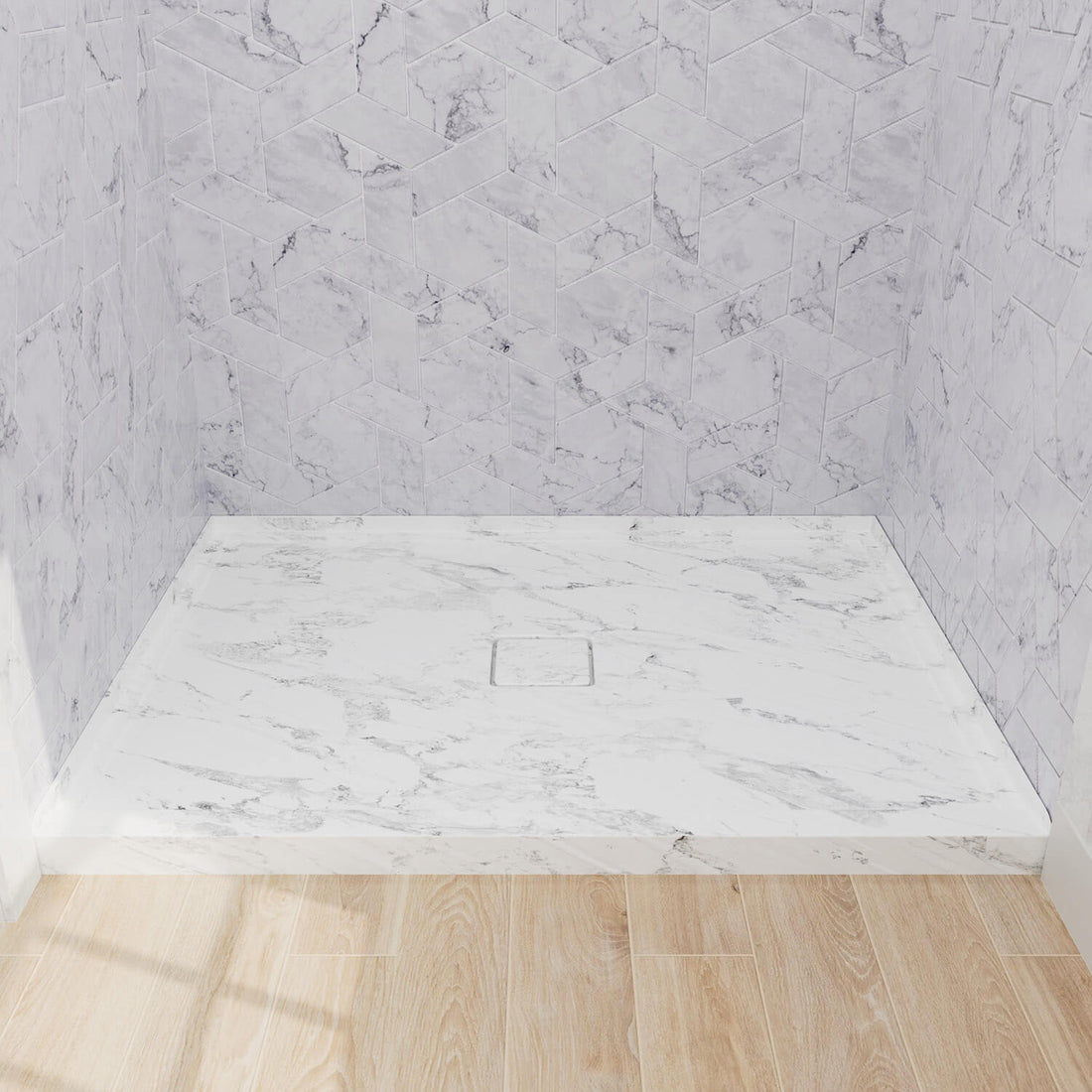 48 x 36 inch Marble Look Square Outlet Center Drain Shower Pan, Acrylic, Anti-slip