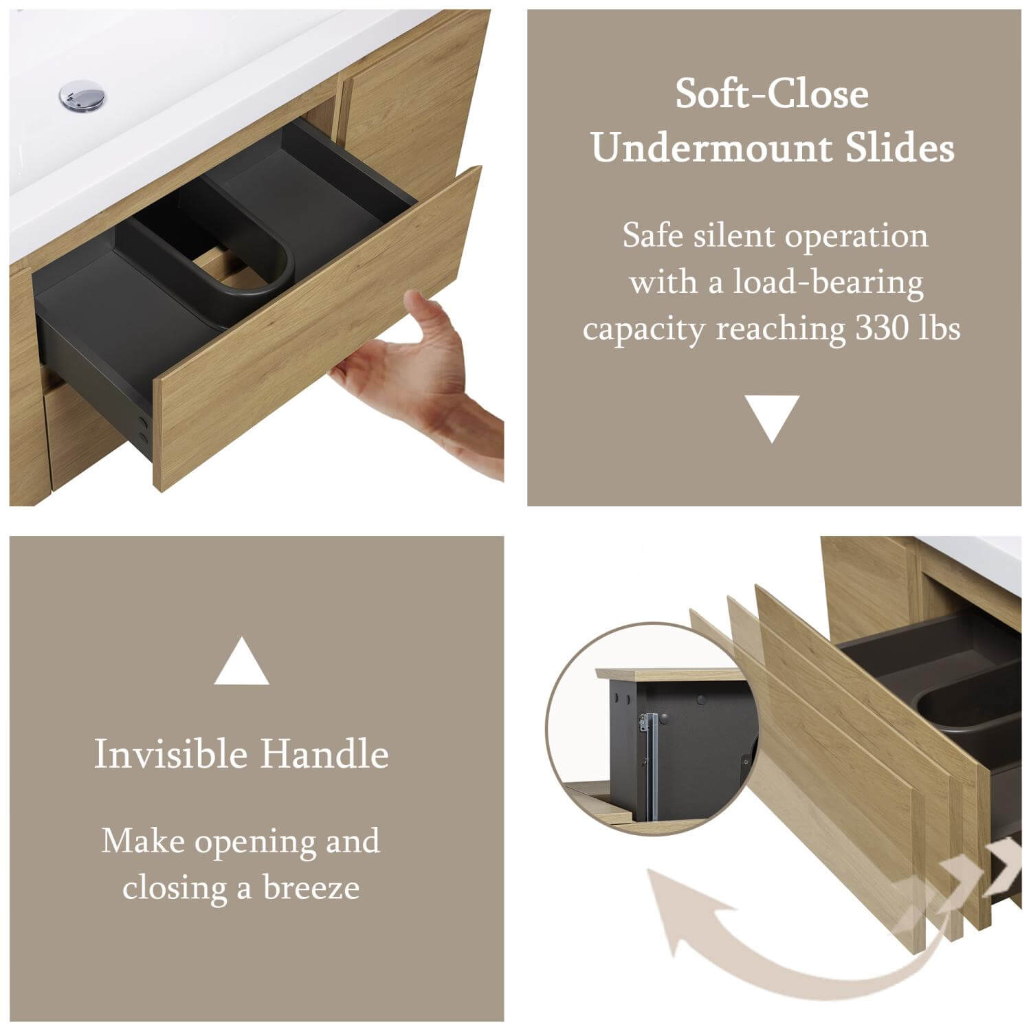48ft wooden vanity soft close drawer slides and invisible handle