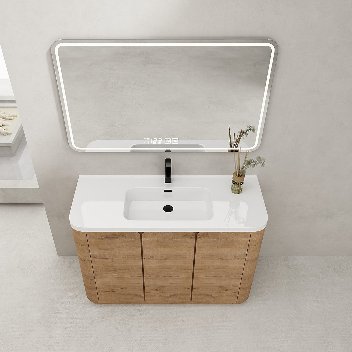 48in Freestanding Oak Vanity Resin Countertop Integrated Sink Overhead Bathroom View