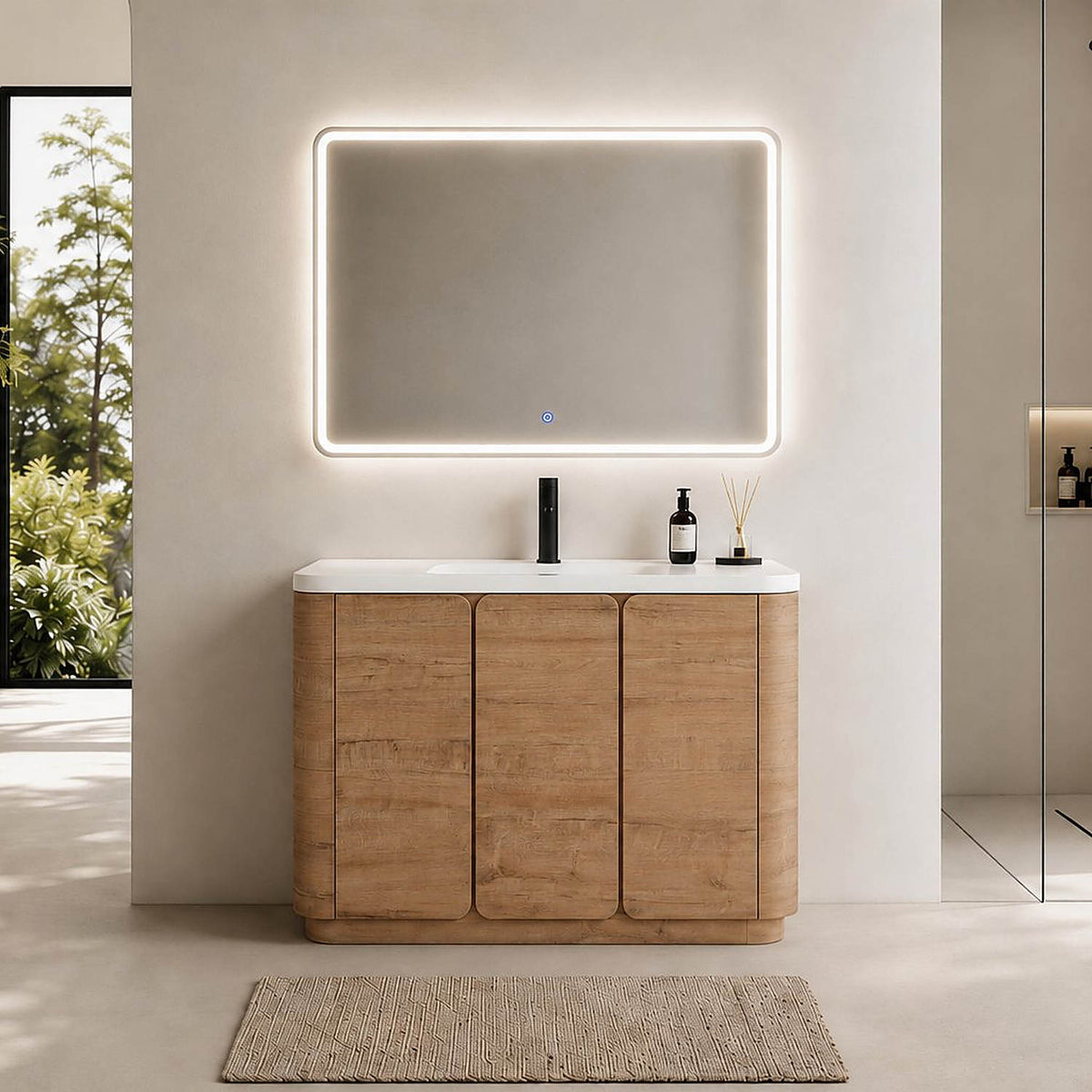 48in Natural Oak Bathroom Vanity Soft Close 3 Doors Handleless Design Front View