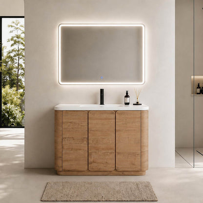 48in Natural Oak Bathroom Vanity Soft Close 3 Doors Handleless Design Front View