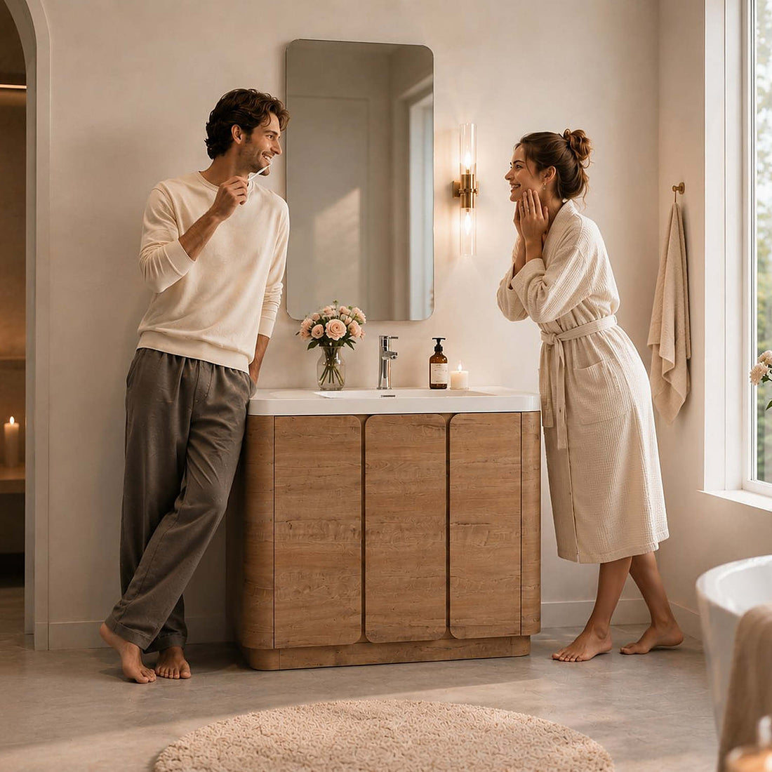 48in Natural Oak Bathroom Vanity Soft Close 3 Doors Lifestyle Scene