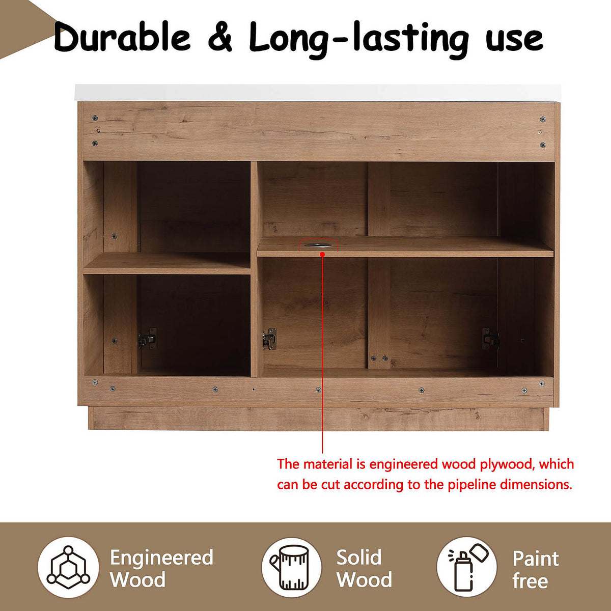 48in Oak Bath Vanity Durable Engineered Wood Plywood Construction Cutout Back