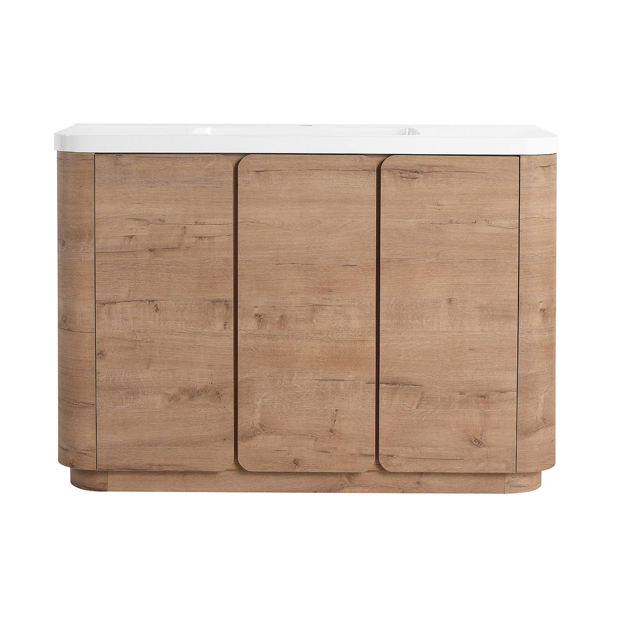 48in Oak Finish Modern Bathroom Vanity Curved Corner Design Isolated White Background