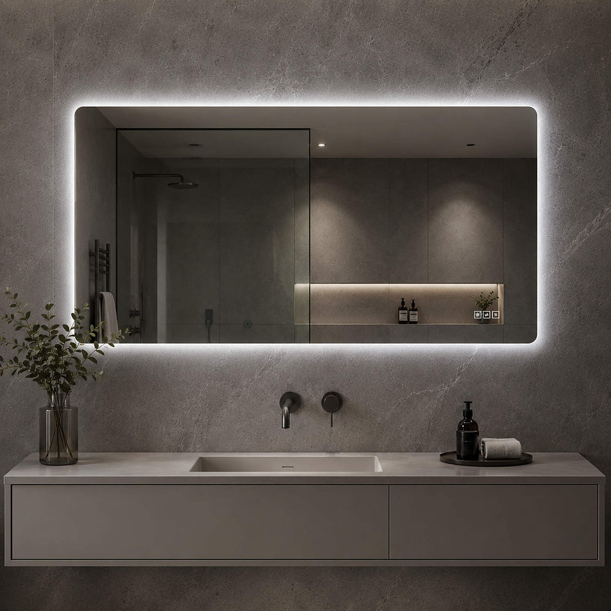 48x24-Inch Horizontal Frameless Bathroom LED Vanity Mirror Single Sink Modern Scene