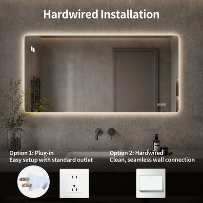 48x24-Inch LED Bathroom Vanity Mirror Hardwired and Plug in Installation Options
