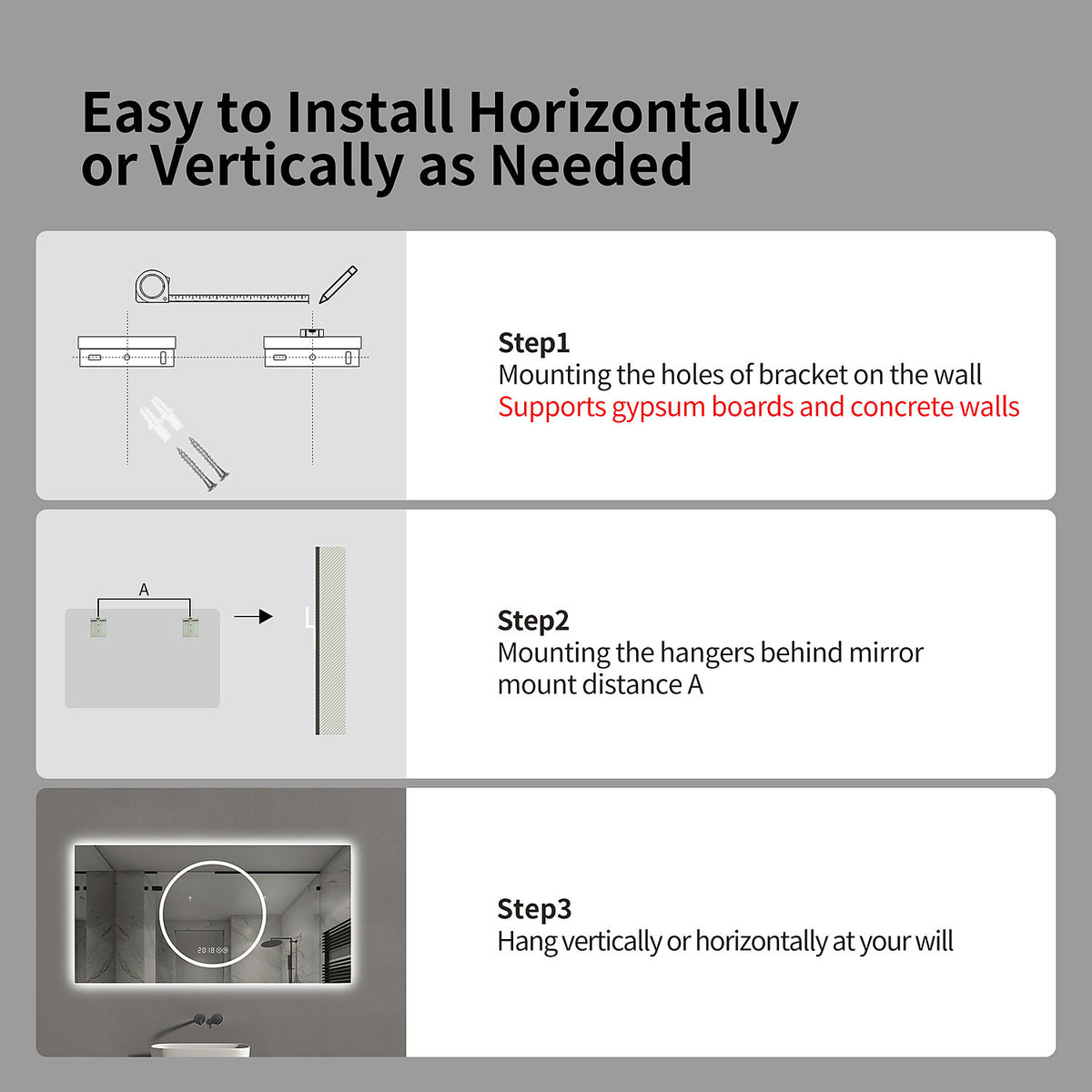 48x24 inch Frameless LED Bathroom Mirror Installation and Wiring Options Diagram