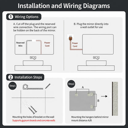 48x24 inch Frameless LED Bathroom Mirror Installation and Wiring Options Diagram