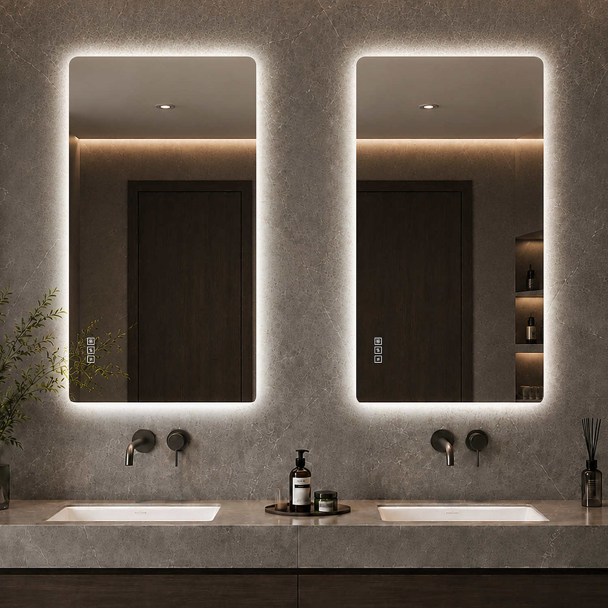 48x24 inch Frameless LED Bathroom Mirrors Vertical Mount Double Vanity Scene