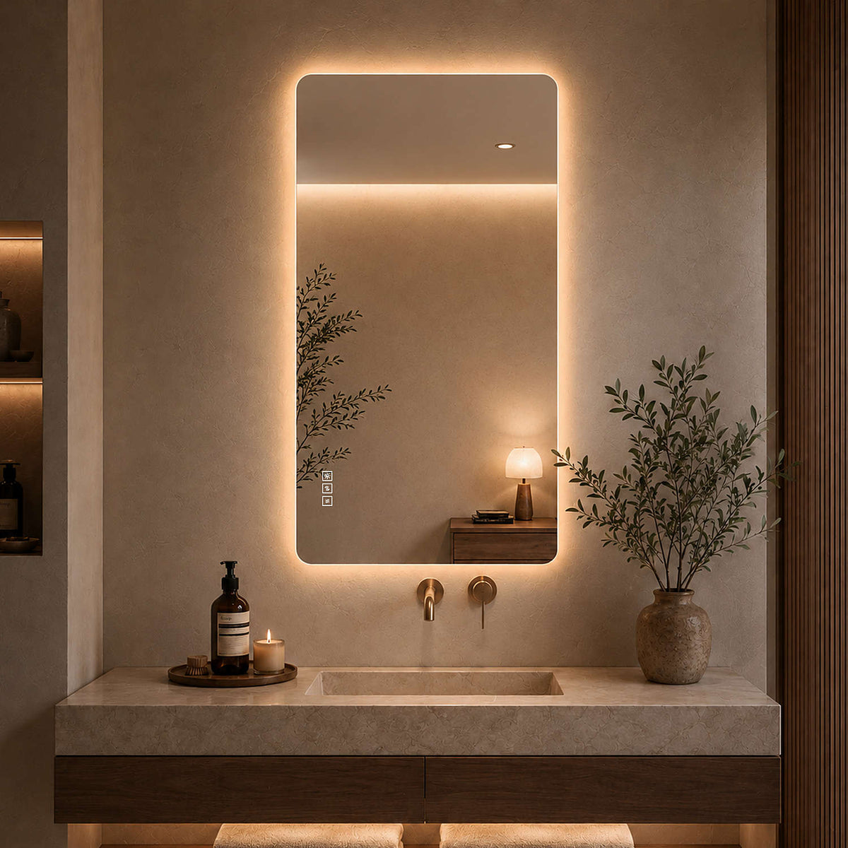 48x24 inch Vertical Wall Mounted Frameless LED Vanity Mirror Warm White Light Scene