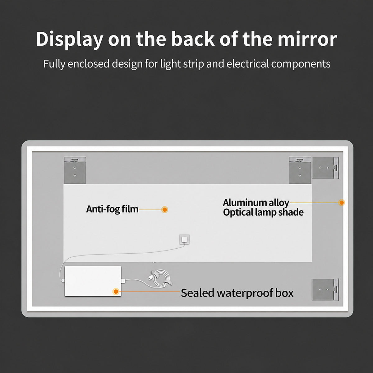 48x24in Frameless Bathroom Mirror Back Display Anti Fog Film Sealed Waterproof Box