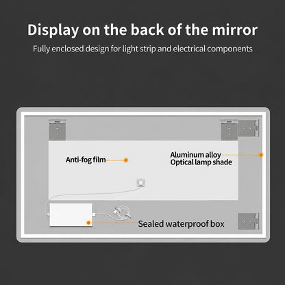 48x24in Frameless Bathroom Mirror Back Display Anti Fog Film Sealed Waterproof Box