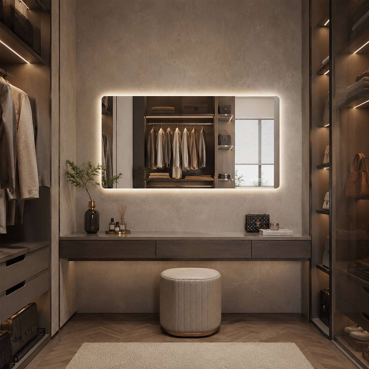 48x24in Horizontal Wall Mounted Frameless LED Mirror Modern Dressing Room Vanity Scene