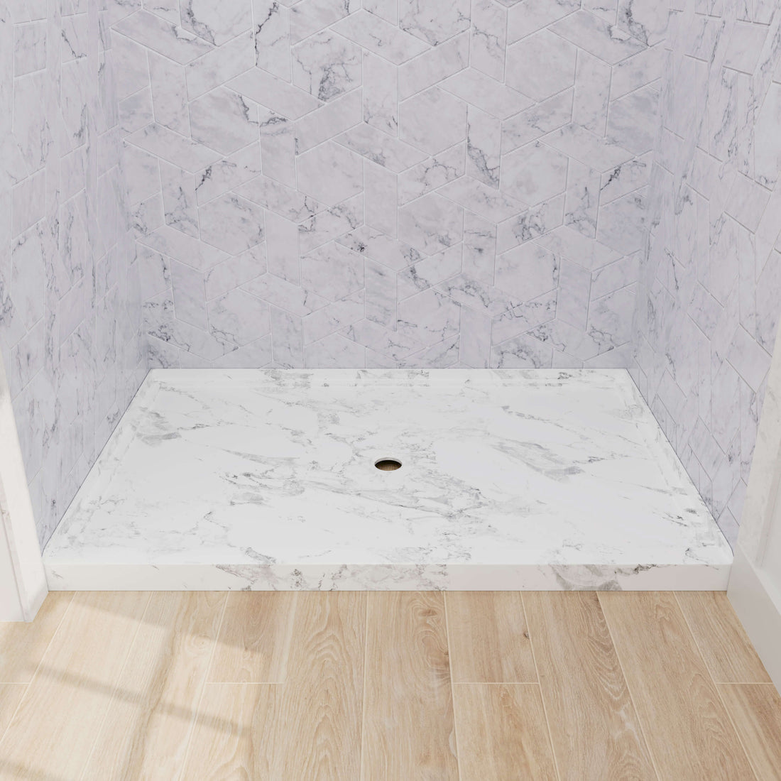 48x32 inch Rectangle Shower Pan with Center Drain, Marble Pattern, Acrylic Shower Base