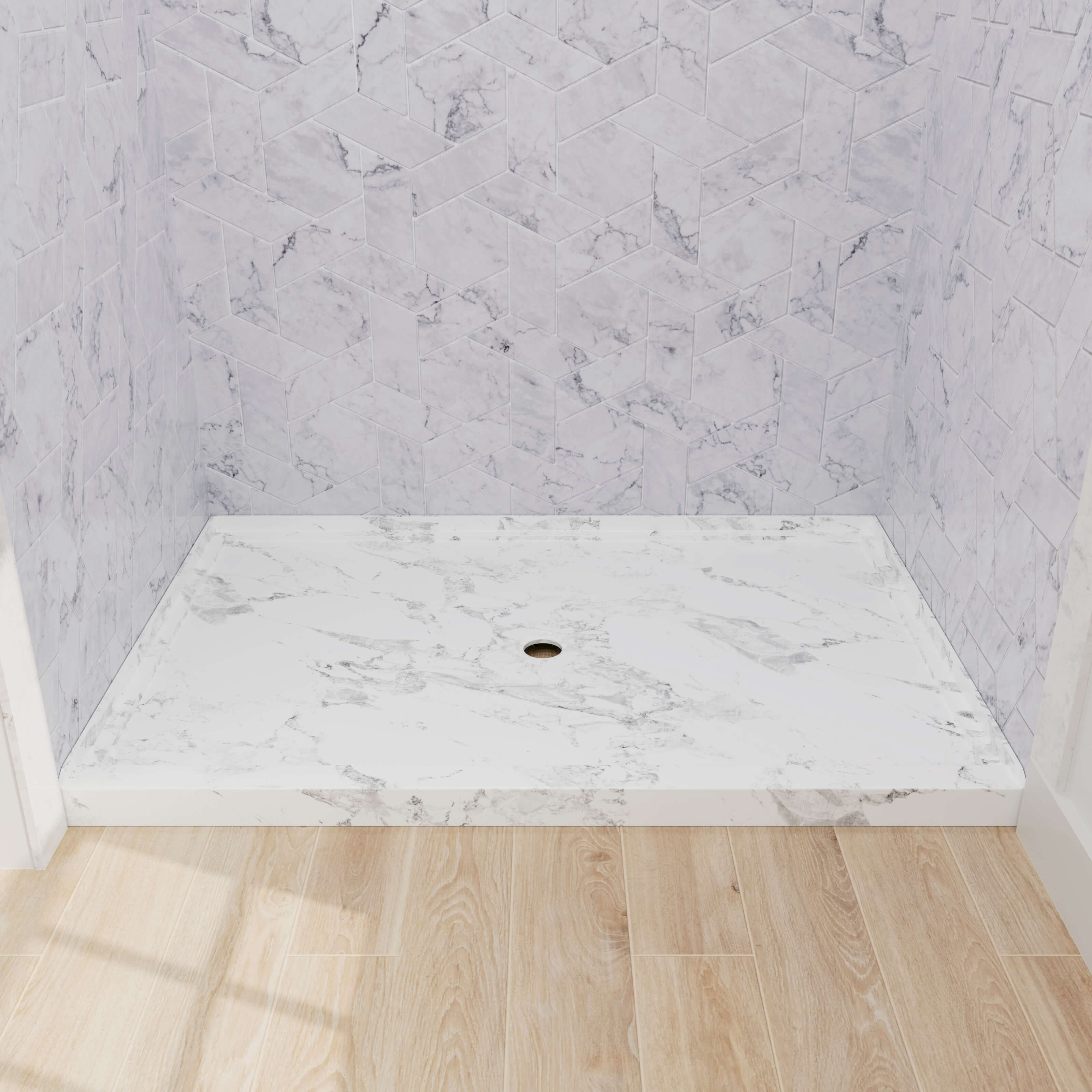 48x32 inch Rectangle Shower Pan with Center Drain, Marble Pattern, Acrylic Shower Base