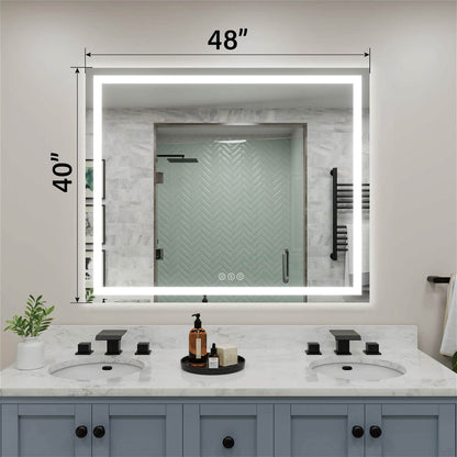 48x40 inch LED bathroom mirror with dimension markings and edge light strip