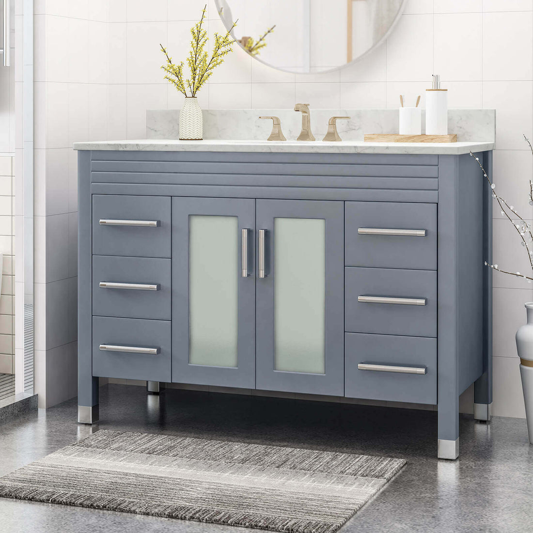 49-inch acacia wood vanity with marble countertop and single sink