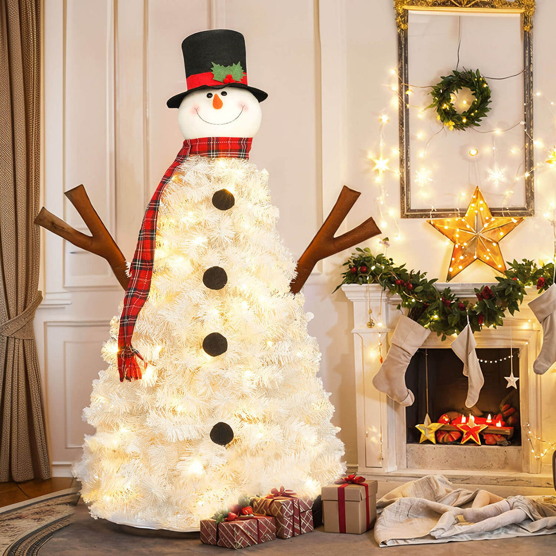4FT snowman-shaped artificial Christmas tree with 100 LED lights