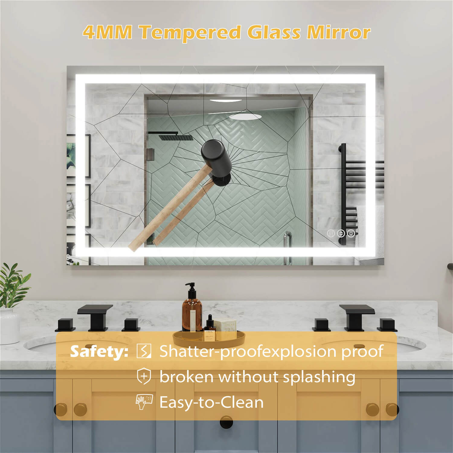 4MM tempered glass LED bathroom mirror shatter proof explosion proof design