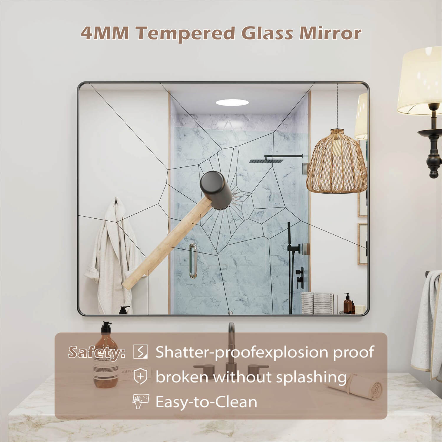 4MM tempered glass bathroom mirror shatter-proof explosion-proof broken without splashing easy to clean