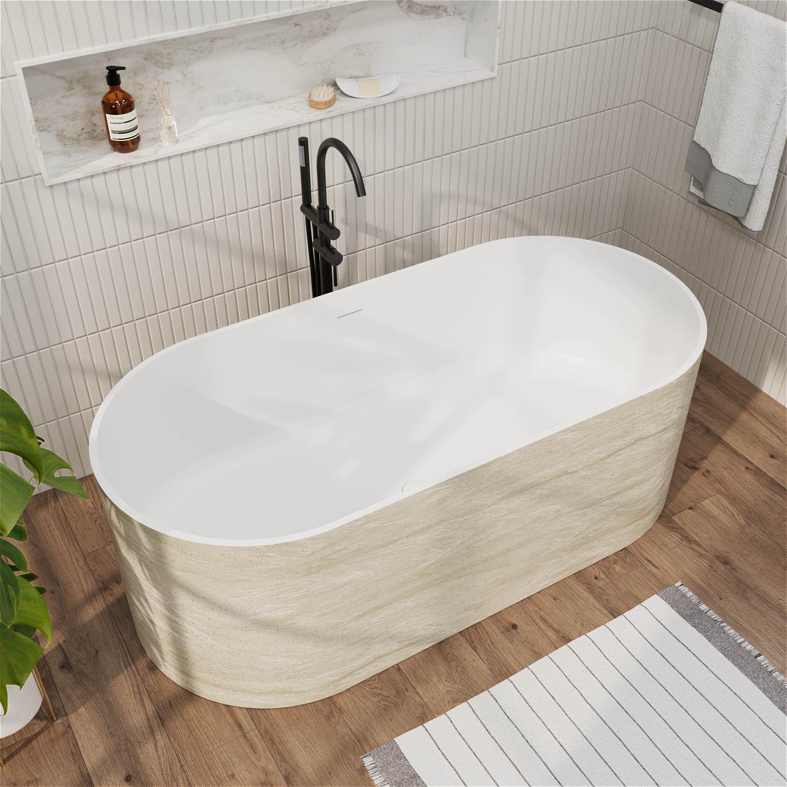 63" Beige Freestanding Solid Surface Bathtub in Stone Resin