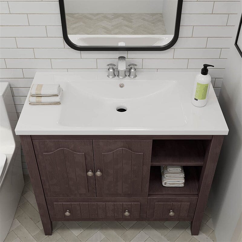 36&quot; Brown Bathroom Vanity with Ceramic Basin, Bathroom Storage Cabinet with Two Doors and Drawers