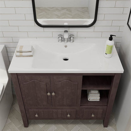 36&quot; Brown Bathroom Vanity with Ceramic Basin, Bathroom Storage Cabinet with Two Doors and Drawers