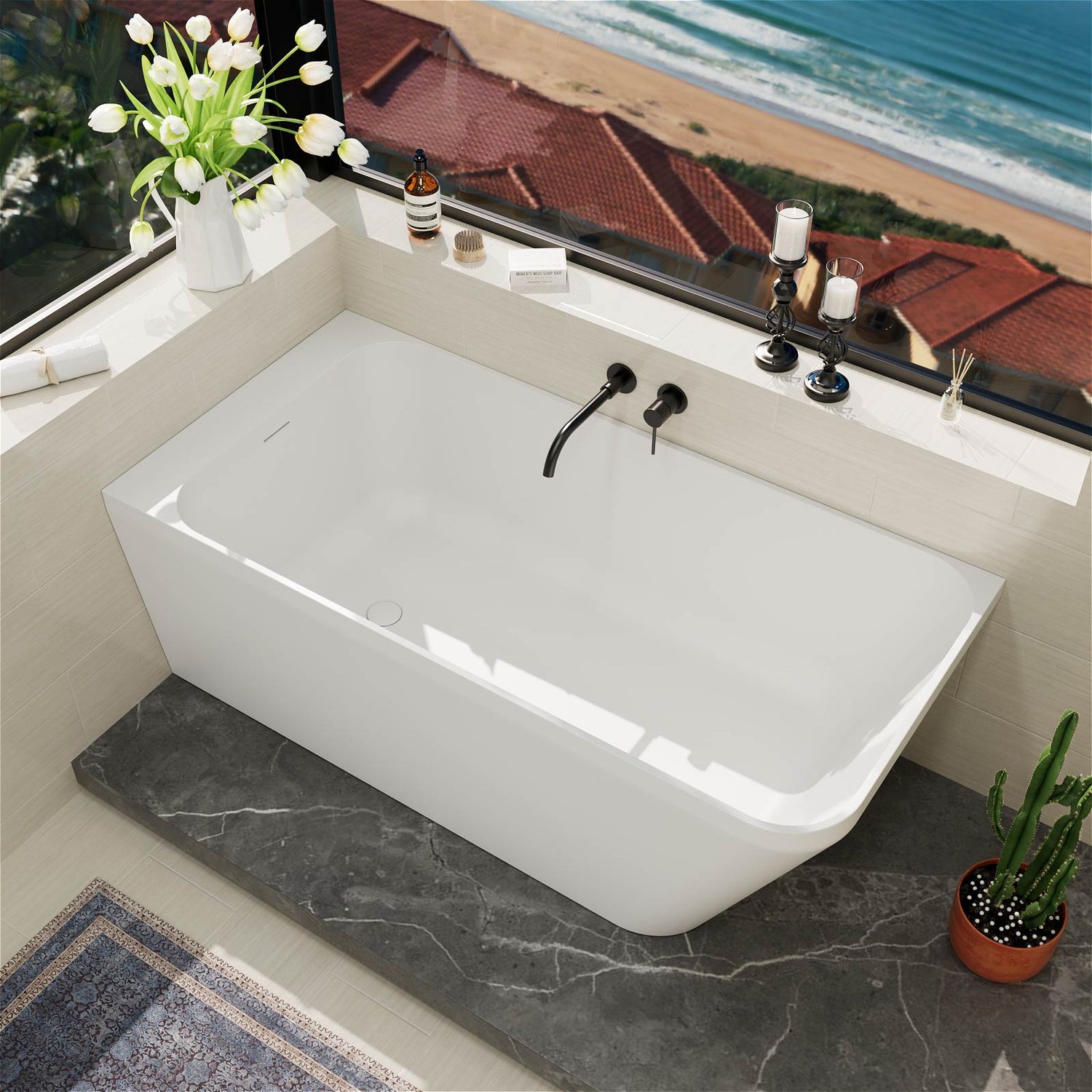 59" Corner Solid Surface Bathtub Two Sided Wall Fit