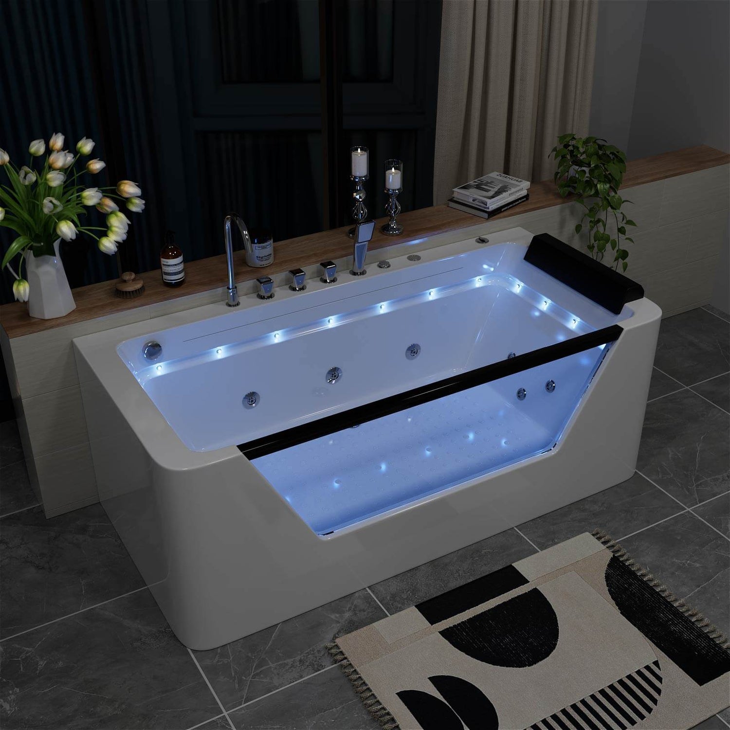 67" Whirlpool Bathtub with 7 Jets, Glass Panel Jetted Tub, Hydro Massage &amp; LED Lights