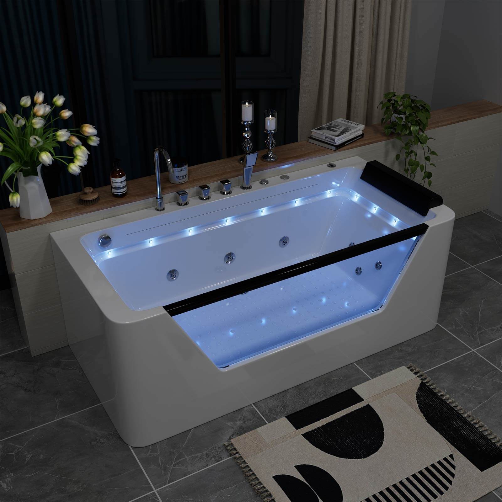 67" Whirlpool Bathtub with 7 Jets, Glass Panel Jetted Tub, Hydro Massage &amp; LED Lights