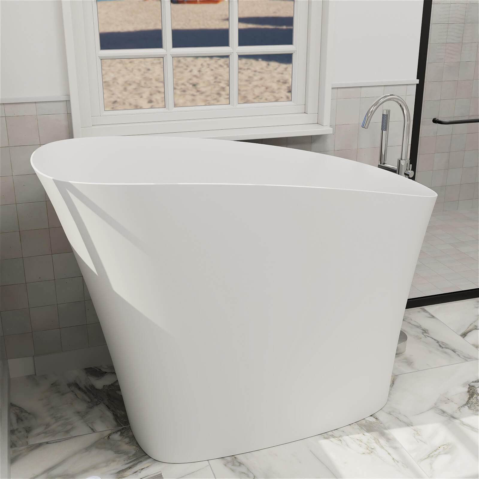 47&quot; Single Slipper Freestanding Japanese Soaking Bathtub Solid Surface Stone Resin Tub with Built-in Seat