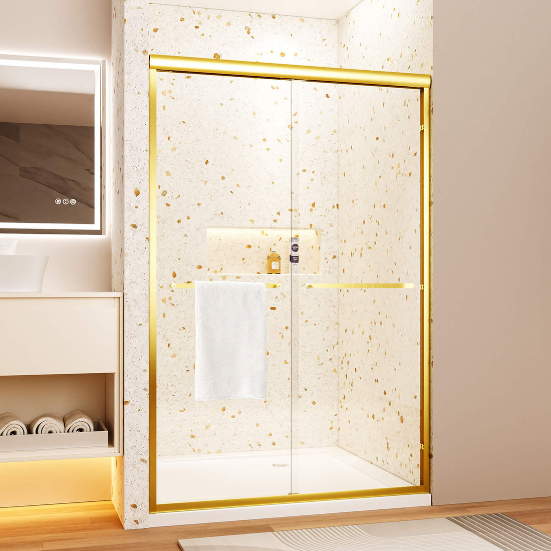 44-48" x 72" Brushed Gold Framed Double Sliding Shower Door with 6mm Shatter-Proof Glass