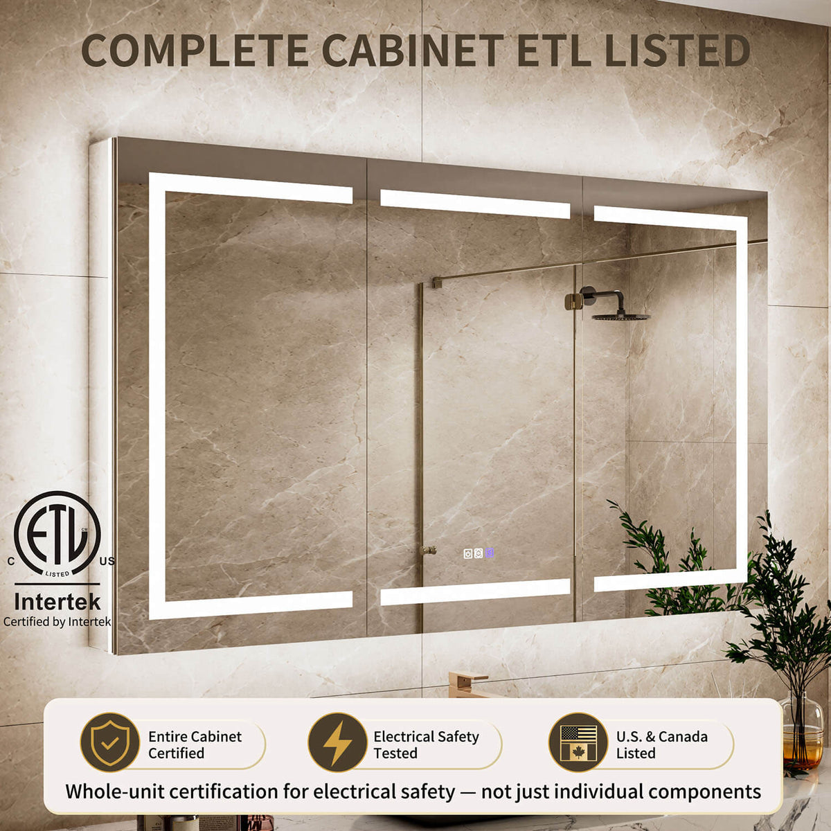 60" x 36" Wide Triple Door Medicine Cabinet with Mirror, Smart LED Lighting, Anti-Fog, Outlets &amp; USB