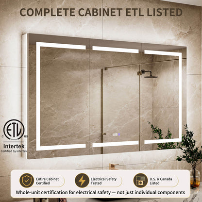 60" x 36" Wide Triple Door Medicine Cabinet with Mirror, Smart LED Lighting, Anti-Fog, Outlets &amp; USB