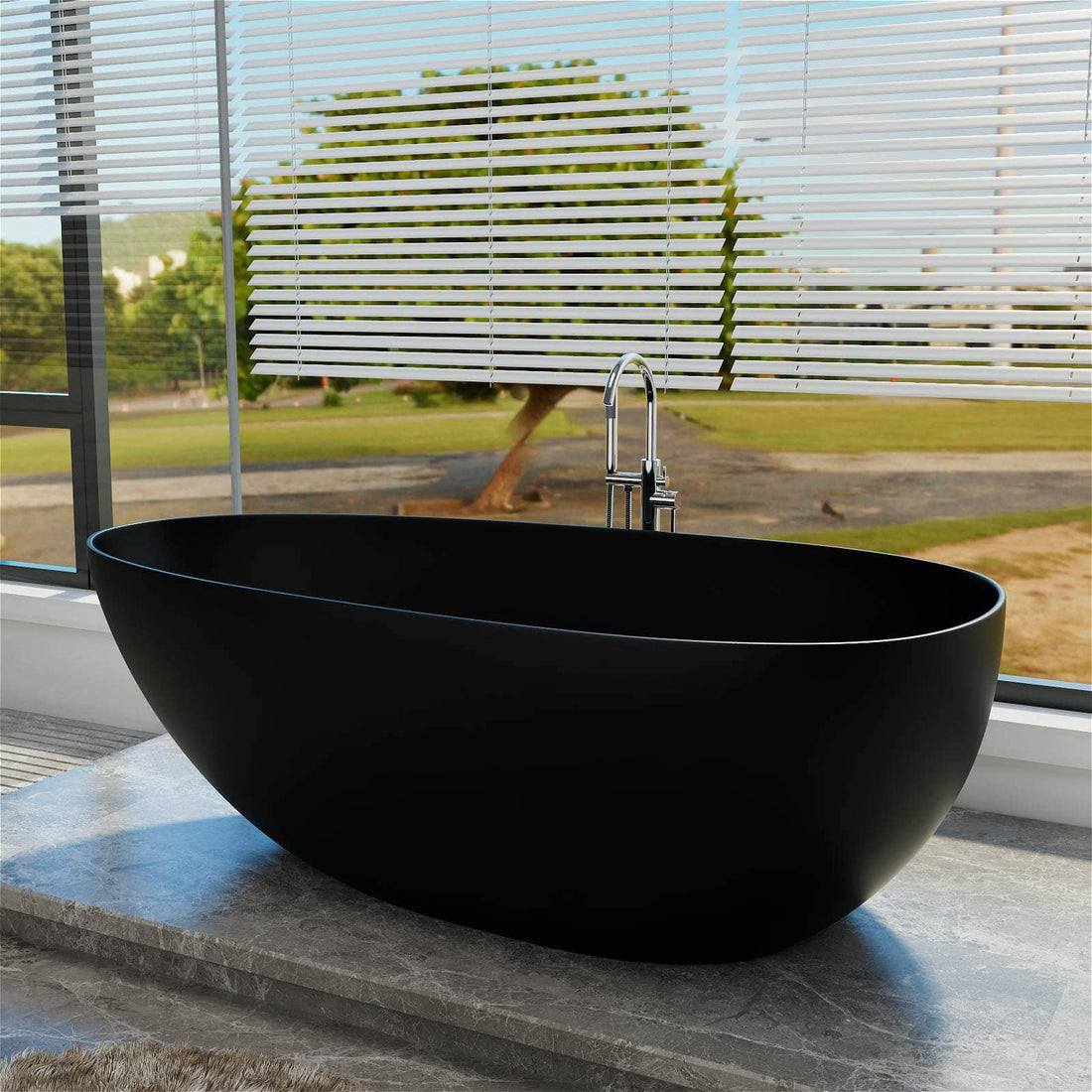 59&quot;/67&quot; Black Bathtub Egg Shaped Solid Surface freestanding Soaking Tub