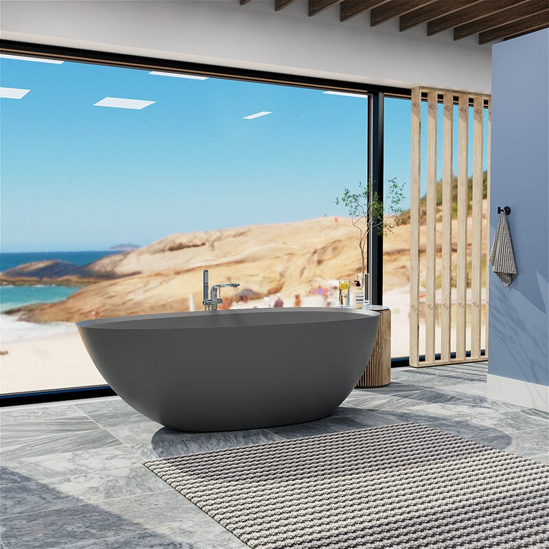 67'' Solid Surface Stone Resin Modern Egg Shaped Freestanding Soaking Bathtub with Overflow