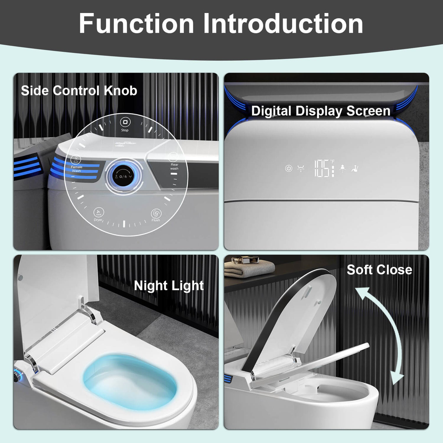 Modern Smart Bidet Toilet with LED Light, Heated Seat, Automatic Flush Tankless