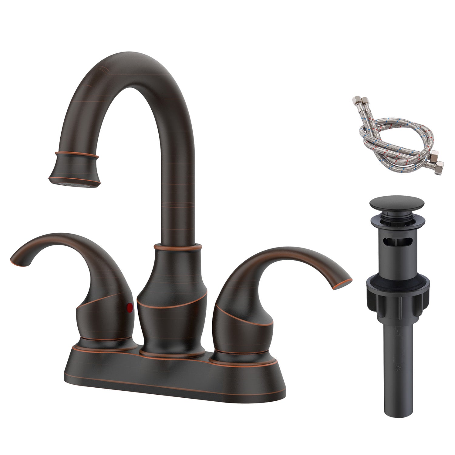 4 Inch 2 Handle Oil Rubbed Bronze Bathroom Faucet with Pop-Up Drain and Supply Hoses
