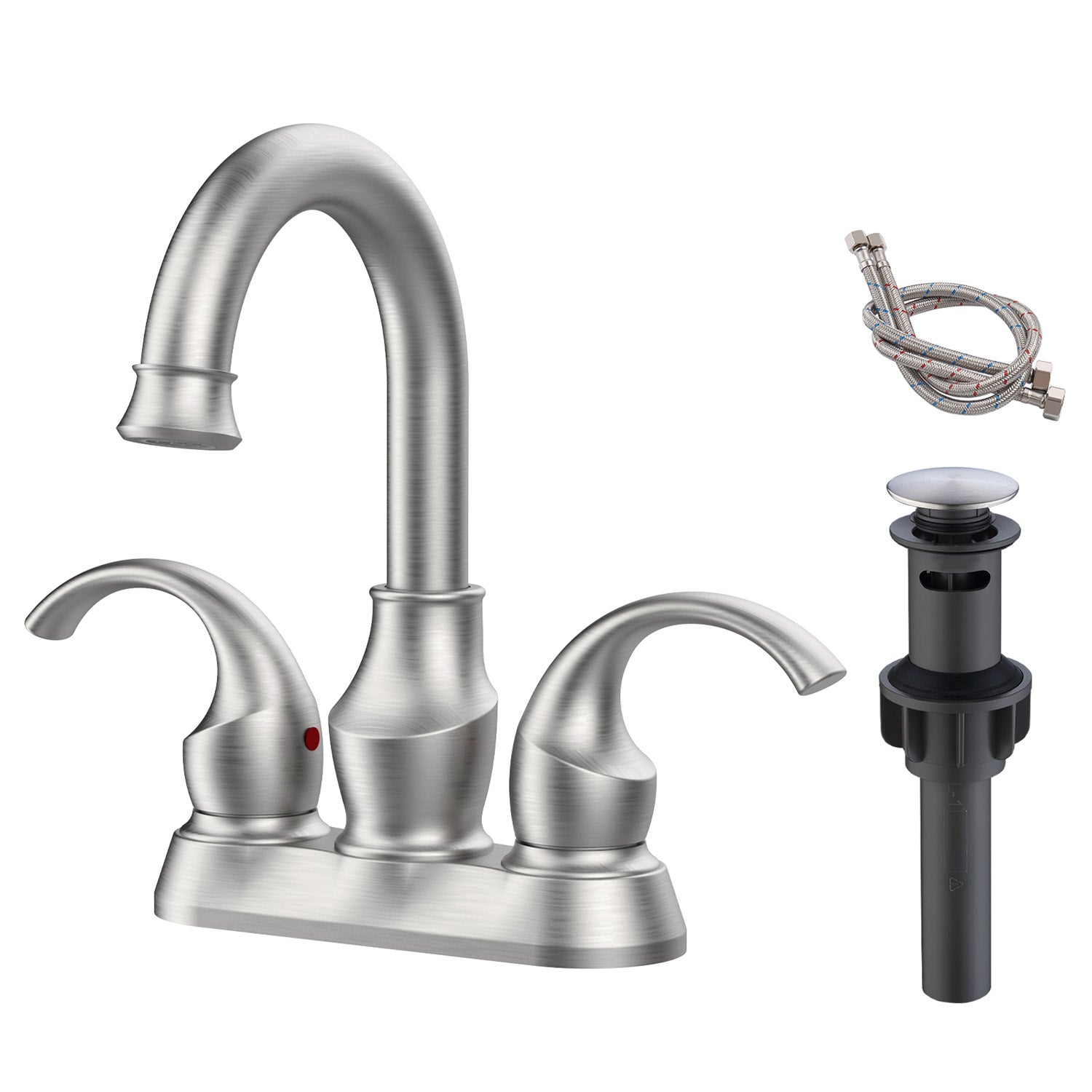 4 Inch Brushed Nickel 3 Hole Bathroom Sink Faucet with Pop-Up Drain and Supply Hoses