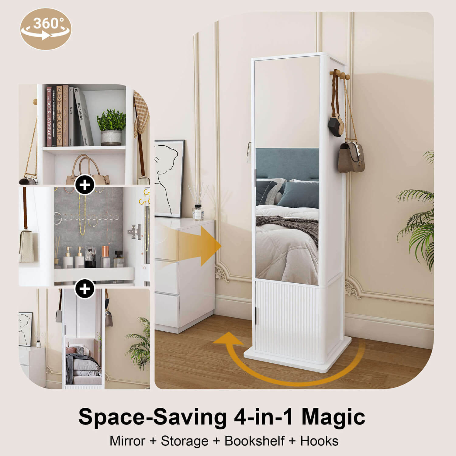 4 in 1 white rotating mirror cabinet with storage and hooks