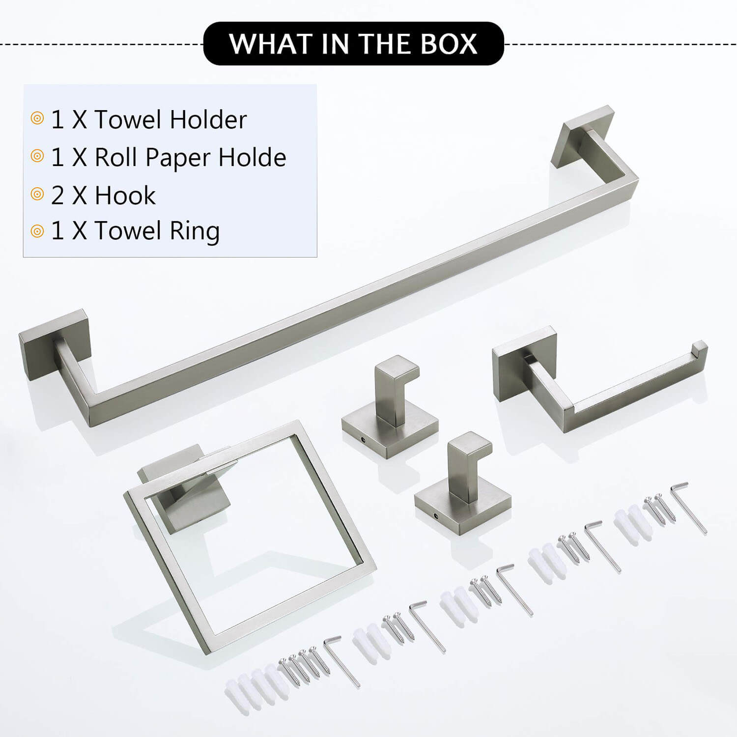 5-Piece Brushed Nickel Stainless Steel Bathroom Hardware Set and install fittings