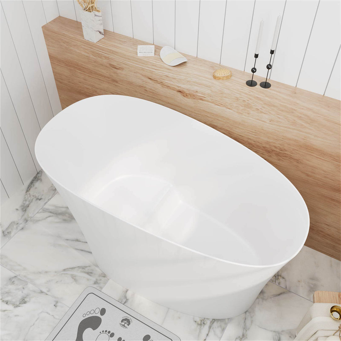 51" Single Slipper Freestanding Japanese Soaking Bathtub Solid Surface Stone Resin Tub with Built-in Seat