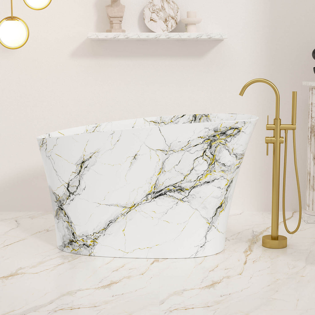 51 inch Solid Surface Built-in Seat Japanese Soaking Bathtub with Marble Pattern