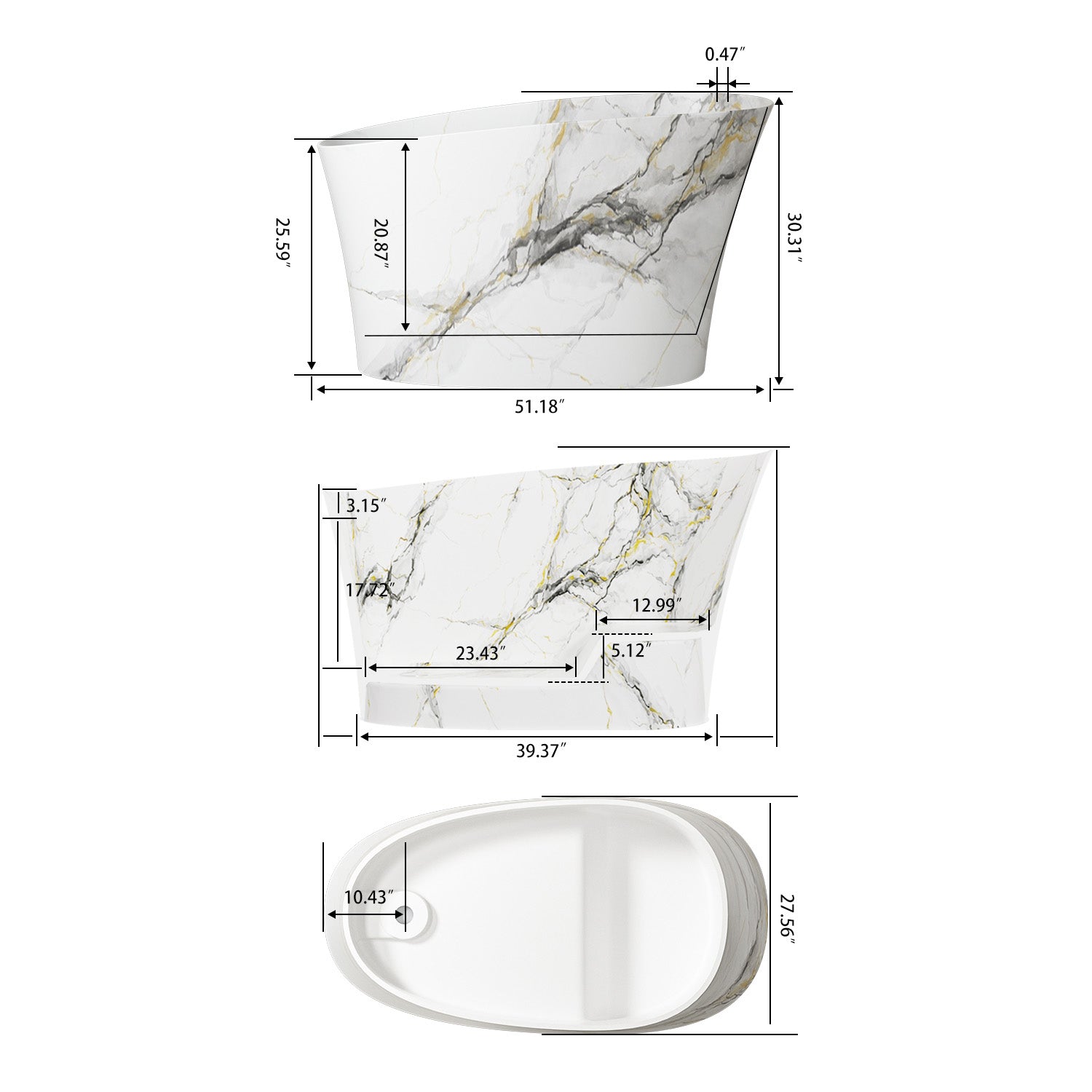 51 inch solid surface soaking bathtub dimension specification diagram