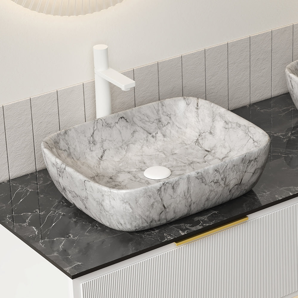 19"x15" White Ceramic Rectangular Bathroom Sink with Marble Pattern