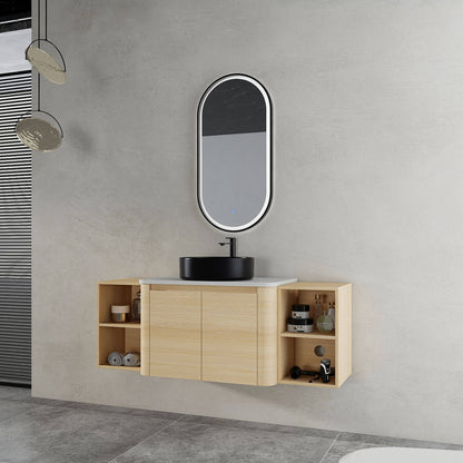 54 inch White Oak Bathroom Vanity-Black Ceramic Vessel Sink and Two Open Shelves