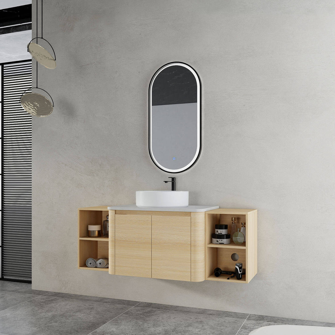 54 inch White Oak Bathroom Vanity-White Ceramic Vessel Sink and Two Open Shelves