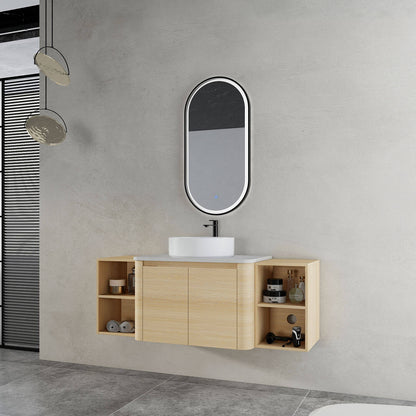 54 inch White Oak Bathroom Vanity-White Ceramic Vessel Sink and Two Open Shelves