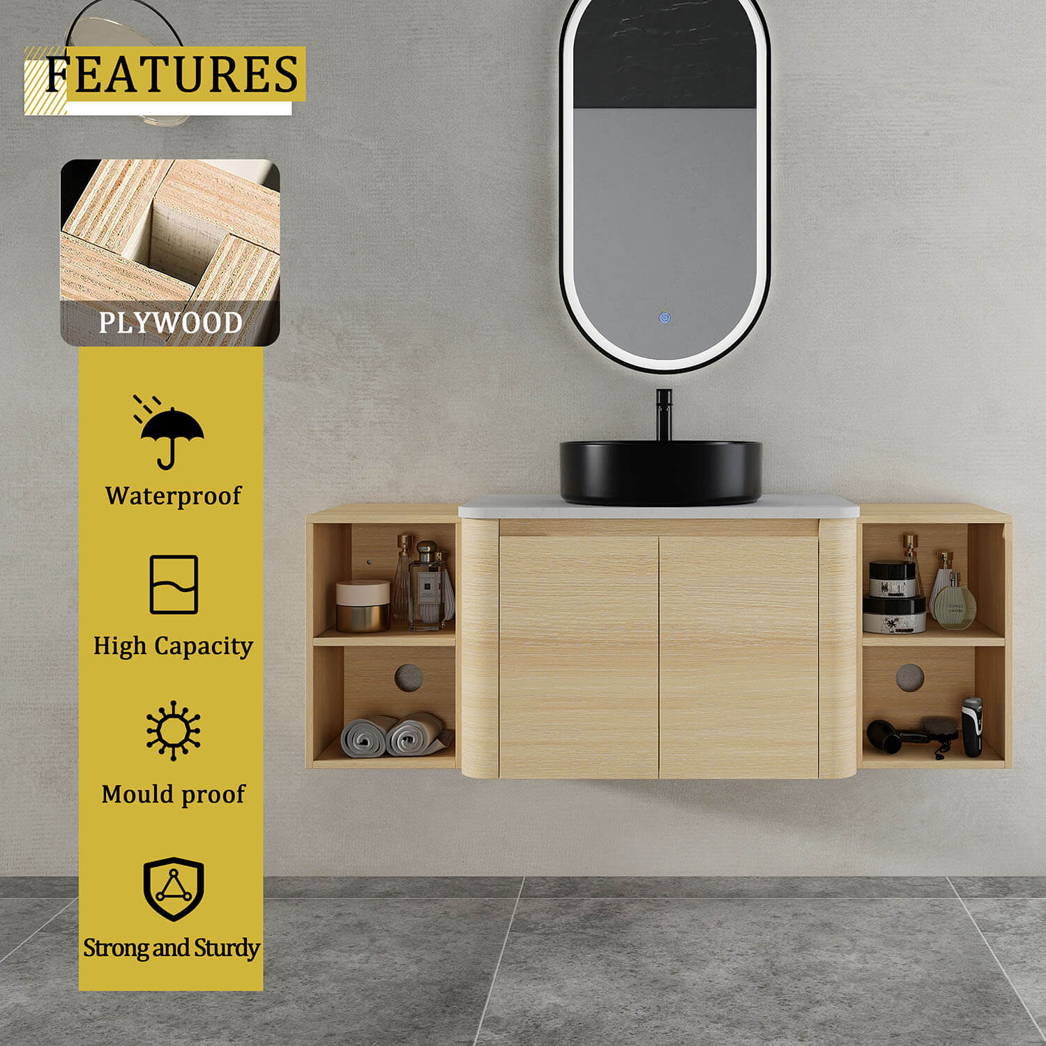 54 inch White Oak Bathroom Vanity with Black Ceramic Vessel Sink and Two Open Shelves-material